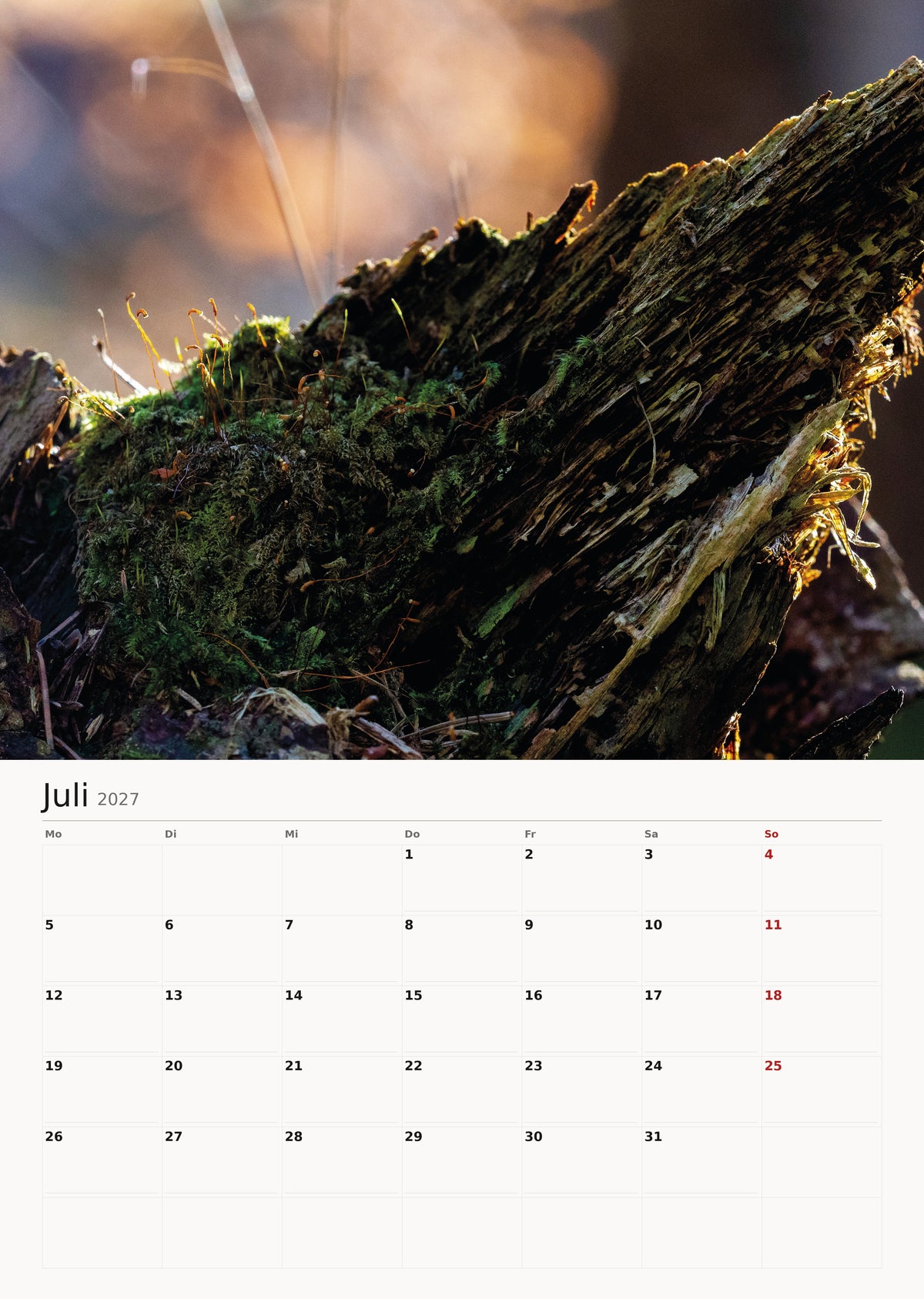 Naturkalender 2027 Hochformat mit Notizen von Miro Lange Art – Monatsseite Juli